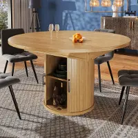 Flieks Table à manger extensible avec espace de rangement intégré à deux niveaux, table de salle à manger avec portes coulissantes incurvées, pouvant accueillir jusqu'à 6 personnes, couleur bois