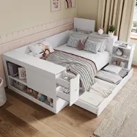 MODFU Lit Banquette 140x200 - Lit Simple Enfant avec Rangement Intégré, Tiroirs et Étagères, MDF, Sans Matelas - Blanc