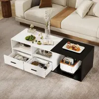 Puluomis Table basse extensible avec tiroir, table basse avec design color block et roulettes, table de bureau, table basse pour salon, noir et blanc