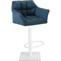 BellaFurn Tabouret de bar rembourré en tissu - chaise de cuisine - hauteur réglable, base en acier inoxydable | Couleur : bleu | Couleur de base : blanc