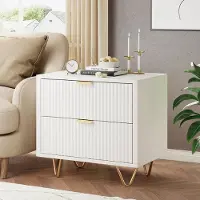 ProximaX Lot de 2 tables de chevet blanches à motif ondulé avec 2 tiroirs, plateau imperméable et pieds robustes en acier inoxydable