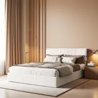 ProximaX Lit double 140x200 cm en velours Teddy avec LED, coffre de rangement à vérin, ports USB sur les côtés, design moderne et confortable