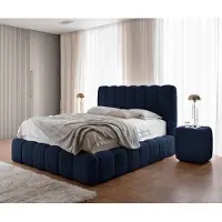 FURNISTAR Lit rembourré CHLOE 140x200 cm - avec coffre de lit, lit double avec espace de rangement et sommier à lattes, aspect boxspring, lit sans matelas, chambre à coucher - bleu foncé