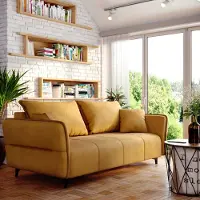 FURNISTAR Canapé ISABELL avec coffre de rangement Canapé-lit Canapé pliable avec fonction sommeil Canapé avec pieds noirs Salon Chambre d'amis (jaune)