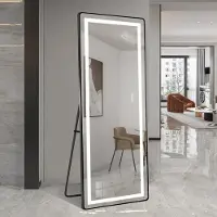 Great han Miroir à poser LED 163x54 cm - intensité lumineuse variable, cadre en aluminium, 3 couleurs de lumière, montage mural & au sol, noir