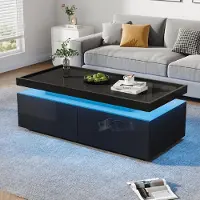 Great han Table basse noire brillante 95 x 45 x 35 cm avecLED via application, 2 tiroirs, tablette ouverte, max. 50 kg