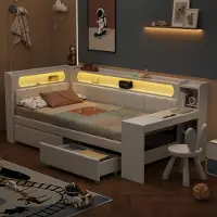 Great han Daybed 90x200 Blanc, USB, 7-couleurs LED, bureau & 2 tiroirs