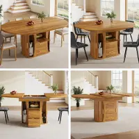 Great han Table à manger ronde extensible en ovale 118-158 cm Table de salle à manger pour 6 personnes avec rangement à trois niveaux Table de cuisine moderne en noyer