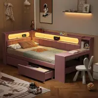 Great han Daybed 90x200, Rose, USB, éclairage LED, bureau & 2 tiroirs