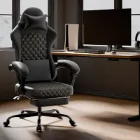 Great han Chaise de jeu avec massage, repose-pieds, Cuir synthétique, charge maximale 150 kg, ergonomique, noir