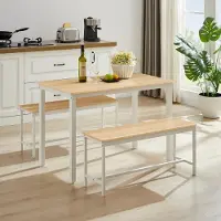 Great han Ensemble de table à manger Table de bar avec 2 bancs Design industriel Table de cuisine Ensemble de table de petit-déjeuner pour cuisine Salon Salle de fête Naturel Blanc