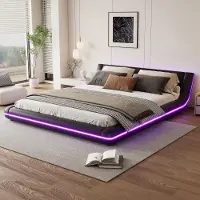 Great han Lit rembourré 160x200 cm noir, cadre de lit avec éclairage LED RGB, similicuir PU, sommier à lattes inclus