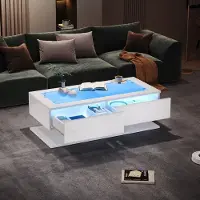 Great han Table basse blanche brillante 100 x 50 x 35 cm avec plateau en verre et LED, 2 tiroirs, USB, max. 45 kg