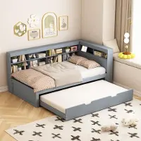 Great han Canapé-lit multifonctionnel 90x200 & 90x190 Extensible - Bois massif gris avec prise USB, espace de rangement & compartiments - Lit simple pratique, Gris