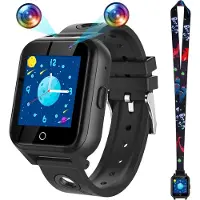 Topchances Smartwatch enfants pour garçons filles - Cadeaux filles garçons pour 3 4 5 6 7 8 9 10 11 12 ans HD écran tactile enfants Smartwatch avec 18 jeux de puzzle double caméra vidéo lecteur de musique, Noir