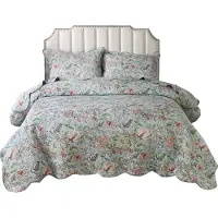 Topchances Couvre-lit matelassé Set 3-pièces réversible patchwork couette douce microfibre brossée double reine avec 2 taies d'oreiller(Green Floral）