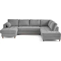 Lisa Design Anna - canapé panoramique d'angle droit 7 places convertible avec coffre en velours texturé , Gris