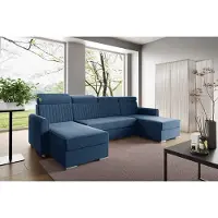 LIKMA Canapé d’angle U Neli 274x162 cm Bleu Foncé Convertible Couchage 254x125 cm Coffre x2 Rangement Appuie-tête Réglables Canapé Panoramique