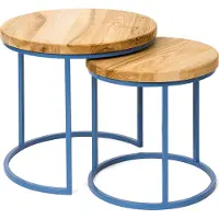 LAMO Manufaktur Table basse gigogne en bois rond - lot de 2 pièces - Table d'appoint bout de canapé pour salon, chambre à coucher - Tables basses industrielles - Couleur : rustique, pieds : bleu