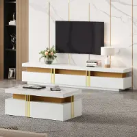 OKWISH Ensemble Salon Moderne avec Meuble TV 3 Tiroirs et Table Basse 2 Tiroirs - Ensemble en Panneau de Particules - 200x40x42 et 100x50x40 cm - Blanc