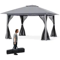Costway Pavillon 4x4m, Pop Up Pavillon pliable avec 4 moustiquaires, double toit & sac de transport, pavillon de jardin tente de fête étanche stable résistant à l'hiver Gris
