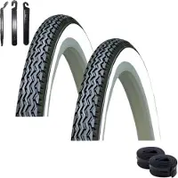 Bike-parts 2 pneus de vélo Kenda K-133 26" Noir/Blanc 37-590 (26 x 1 3/8) + 2 chambres à air AV assorties, démonte-pneus inclus