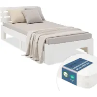 Homestyle4u Lit simple en bois 90x200 avec matelas à ressorts blanc Cadre de lit en bois massif sommier à lattes
