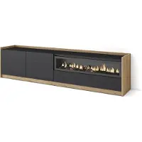 Skraut Home SOKKEL Meuble TV, Banc Télé, Grand espace de Rangement, 207x37x50cm, Pour les TV jusqu'à 80", Cheminée électrique, Noir et chêne