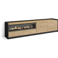 Skraut Home SOKKEL Meuble TV, Banc Télé, Grand espace de Rangement, 207x37x50cm, Pour les TV jusqu'à 80", Cheminée électrique, Chêne et noir