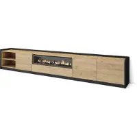 Skraut Home Meuble TV, Banc Télé, Grand espace de Rangement, 310x37x50cm, Pour les TV jusqu'à 80", Cheminée électrique, Chêne et noir
