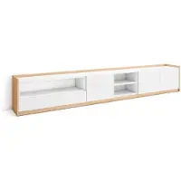 Skraut Home Meuble TV, Banc Télé, Grand espace de Rangement, 310x37x50cm, Pour les TV jusqu'à 80", Meubles de salon, Blanc et Chêne Soft