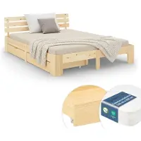 Homestyle4u Lit double en bois 140x200 avec matelas à ressorts et 2 tiroirs naturelle pin Cadre de lit en bois massif sommier à lattes