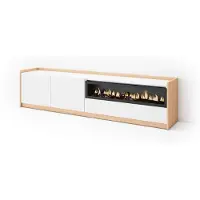Skraut Home SOKKEL Meuble TV, Banc Télé, Grand espace de Rangement, 207x37x50cm, Pour les TV jusqu'à 80", Cheminée électrique, Blanc et Chêne Soft