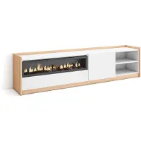 Skraut Home SOKKEL Meuble TV, Banc Télé, Grand espace de Rangement, 207x37x50cm, Pour les TV jusqu'à 80", Cheminée électrique, Blanc et Chêne Soft