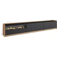 Skraut Home SOKKEL Meuble TV, Banc Télé, Grand espace de Rangement, 310x37x50cm, Pour les TV jusqu'à 80", Cheminée électrique, Noir et chêne