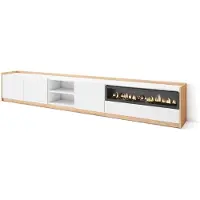 Skraut Home SOKKEL Meuble TV, Banc Télé, Grand espace de Rangement, 310x37x50cm, Pour les TV jusqu'à 80", Cheminée électrique, Blanc et Chêne Soft