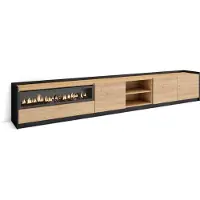 Skraut Home SOKKEL Meuble TV, Banc Télé, Grand espace de Rangement, 310x37x50cm, Pour les TV jusqu'à 80", Cheminée électrique, Chêne et noir