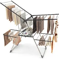 Costway Séchoir à linge pliable, Séchoir à linge extensible avec ailes, porte-chaussures & 2 niveaux, Séchoir sur pied, séchoir à linge, tour à linge, Argent