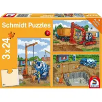 Schmidt Spiele Bagger Auf der Baustelle, Kinderpuzzle, 3 x 24 pièces, Puzzle, jeu de puzzle, à partir de 3 ans, 56200
