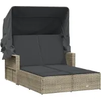 Syfax Chaise longue double avec auvent et coussins gris clair rotin