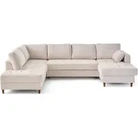 Lisa Design Anna - canapé panoramique d'angle gauche 7 places convertible avec coffre en velours texturé , Beige