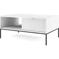 Emporius Furniture Table basse 100 cm Galla - Table basse avec tiroir - Table d'appoint avec structure métallique, façades cannelées et poignées dorées (blanc + noir)