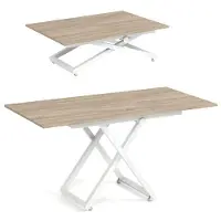 Dekori.Interiors Table basse ARIA avec plateau relevable et fonction coulissante 120x75/160cm – Table basse réglable en hauteur – Table de salon style loft - Chêne Sonoma/Blanc