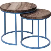 LAMO Manufaktur Table basse gigogne en bois rond - lot de 2 pièces - Table d'appoint bout de canapé pour salon, chambre à coucher - Tables basses industrielles - Couleur : ébène, pieds : bleu