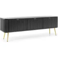 Emporius Furniture Meuble TV à lamelles Gerly - Meuble TV 170 cm sur pieds, loft, façades striées, 3 portes (noir / or)