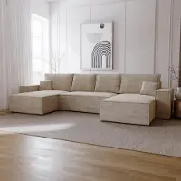 Emporius Furniture Canapé d'angle en U avec fonction sommeil Bergamo - Canapé d'angle 375 cm avec coffre de lit, Canapé-lit U Beige (Amor Velvet 4304)