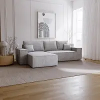Emporius Furniture Canapé d'angle avec fonction sommeil Bergamo L - Canapé 275 cm avec coffre de lit - gauche, Canapé d'angle en L, Canapé-lit, Tissu velours côtelé gris clair (Poso 55)
