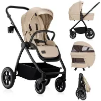 Lionelo Poussette combinée Meril 2en1 nacelle jusqu'à 9 kg, 0-48 mois jusqu'à 22 kg, roues tout terrain 360°, suspension intégrale, capote XXL - Beige