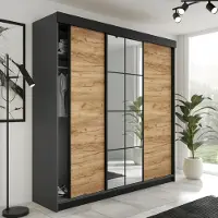 KIER FURNITURE Armoire à portes coulissantes LAMARO avec miroir. Armoire chambre à coucher 200x205x59cm