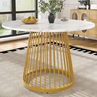 Fortuna Table à manger ronde Lai (80 × 80 × 76 cm), table de cuisine, table basse ronde pour 4 personnes, adaptée à la salle à manger, au salon, pieds en métal, plateau en MDF marbré, pieds dorés